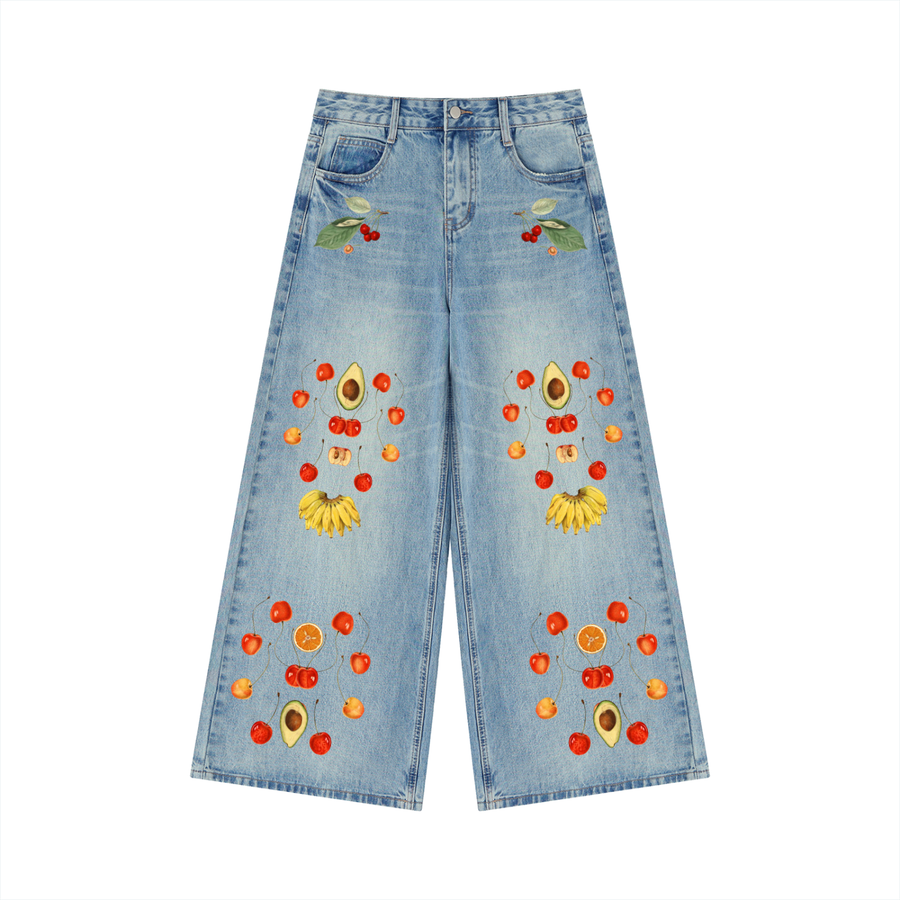Fruits of Our Labor Wide Leg Jeans (Women's) in washed blue denim, printed with public-domain botanical fruit watercolours — On The Job Clothing