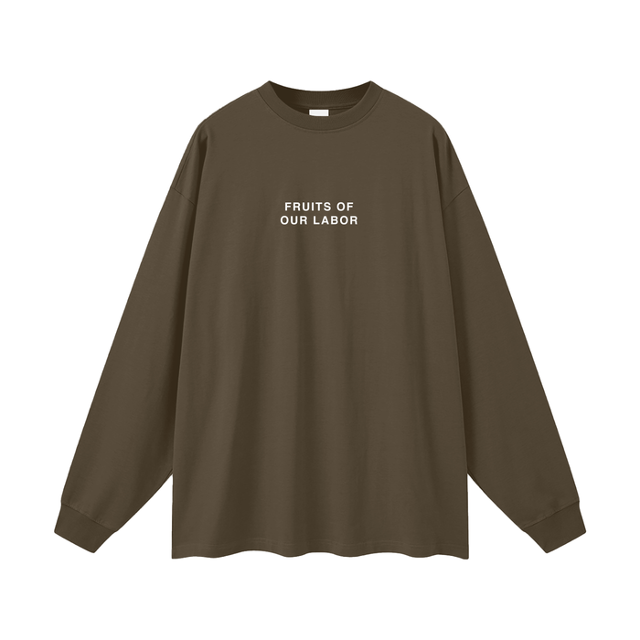 Fruits of Our Labor Long Sleeve in Brown, printed with a public-domain botanical fruit watercolour — On The Job Clothing