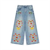 Fruits of Our Labor Wide Leg Jeans (Women's) in washed blue denim, printed with public-domain botanical fruit watercolours — On The Job Clothing