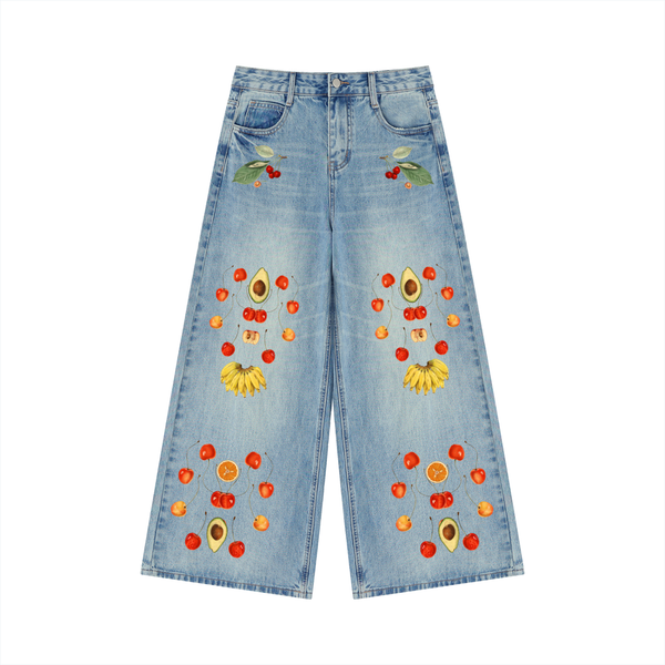 Fruits of Our Labor Wide Leg Jeans (Women's) in washed blue denim, printed with public-domain botanical fruit watercolours — On The Job Clothing