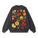 Fruits of Our Labor Snow Wash Sweatshirt in Black, printed with a public-domain botanical fruit watercolour — On The Job Clothing