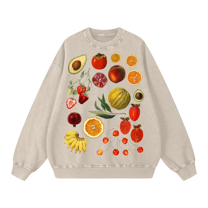 Fruits of Our Labor Snow Wash Sweatshirt in Light Apricot, printed with a public-domain botanical fruit watercolour — On The Job Clothing
