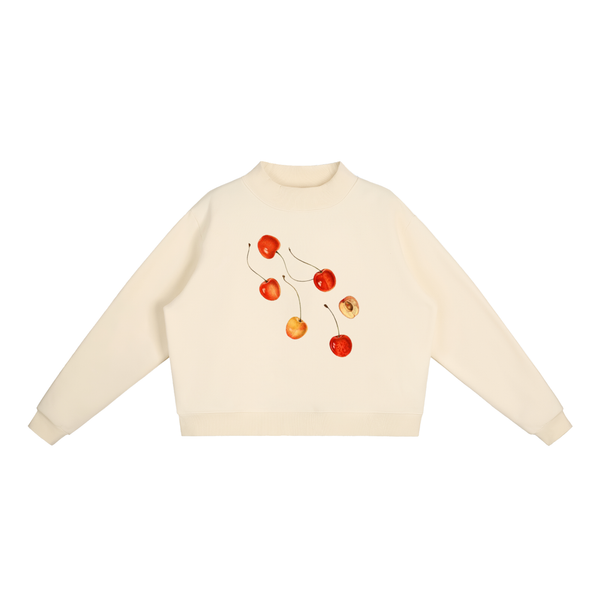 Specimen Mock-Neck Crew in Cream Apricot, printed with a public-domain botanical fruit watercolour — On The Job Clothing