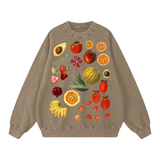 Fruits of Our Labor Snow Wash Sweatshirt in Stone Gray, printed with a public-domain botanical fruit watercolour — On The Job Clothing