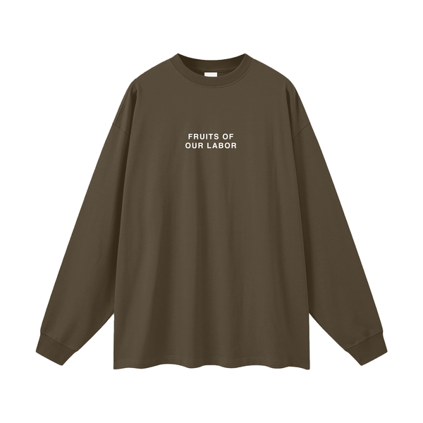 Fruits of Our Labor Long Sleeve in Brown, printed with a public-domain botanical fruit watercolour — On The Job Clothing