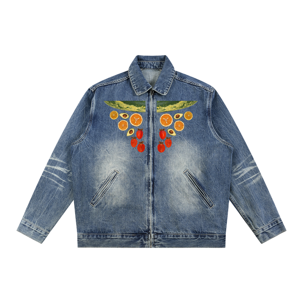 Fruits of Our Labor Denim Jacket in Blue, printed with a public-domain botanical fruit watercolour — On The Job Clothing
