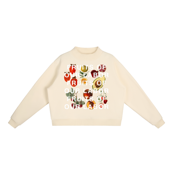 Fruits of Our Labor Mock-Neck Crew in Cream Apricot, printed with a public-domain botanical fruit watercolour — On The Job Clothing