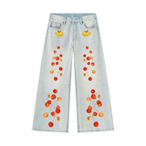 Fruits of Our Labor Wide Leg Jeans (Men's) in washed blue denim, printed with public-domain botanical cherry watercolours — On The Job Clothing