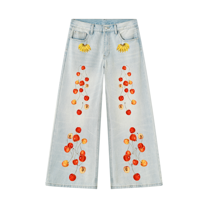 Fruits of Our Labor Wide Leg Jeans (Men's) in washed blue denim, printed with public-domain botanical cherry watercolours — On The Job Clothing