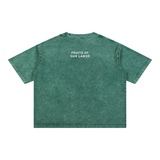 Fruits of Our Labor Tee in blackish green, second view showing the mineral-washed oversized body and dropped shoulder — On The Job Clothing