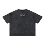 Fruits of Our Labor Tee in black, second view showing the mineral-washed oversized body and dropped shoulder — On The Job Clothing