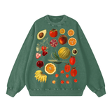 Fruits of Our Labor Snow Wash Sweatshirt in Blackish Green, printed with a public-domain botanical fruit watercolour — On The Job Clothing