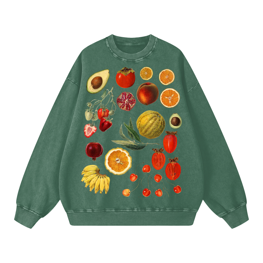 Fruits of Our Labor Snow Wash Sweatshirt in Blackish Green, printed with a public-domain botanical fruit watercolour — On The Job Clothing